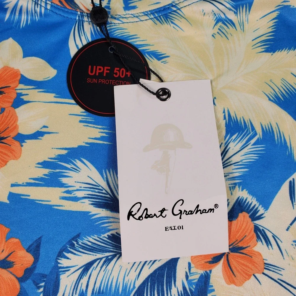 Robert Graham Mens Tropical Forest Azure Blue UPF 50+ Rash Guard S SMRG114 NEW